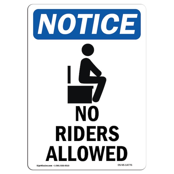 Safety Sign, OSHA Notice, 5" Height, No Riders Allowed Sign With Symbol, Portrait, 10PK